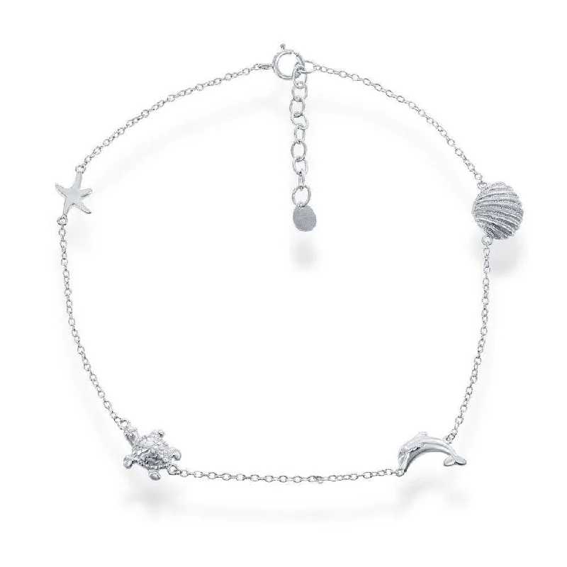 delicate anklets for women-Sterling Silver Shell, Dolphin, Turtle and Starfish Anklet