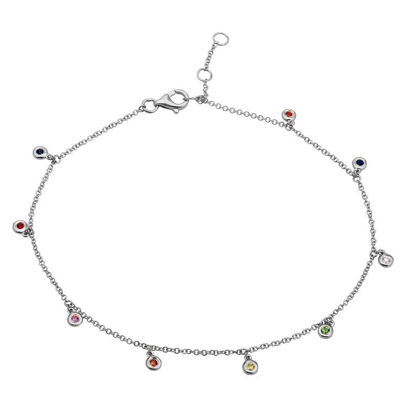 gemstone ankle bracelets for women-14K White Gold Rainbow Gemstone Anklet