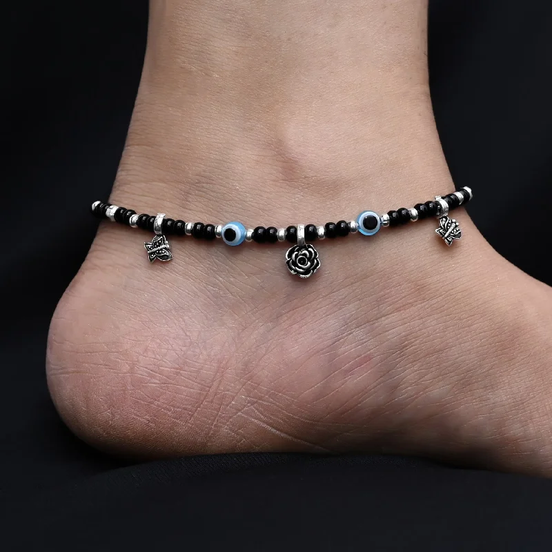 dainty anklets for women-Silver Center Rose with Two Evil Eyes and Butterfly Black and Silver Beads Anklet for Girls