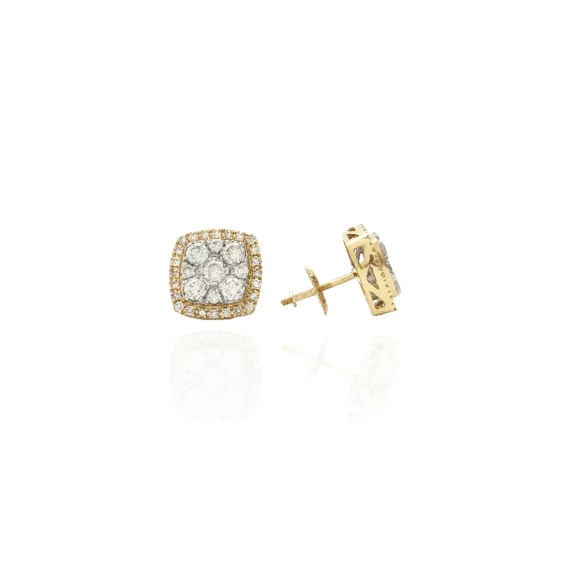 small earrings for women-Diamond Puffy Square Stud Earrings (14K)