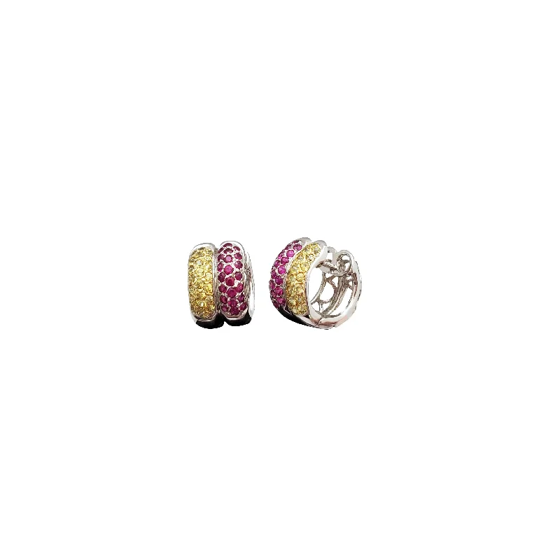 gemstone earrings for women-Ruby & Yellow Diamond Double-Row Huggie Earrings (14K)