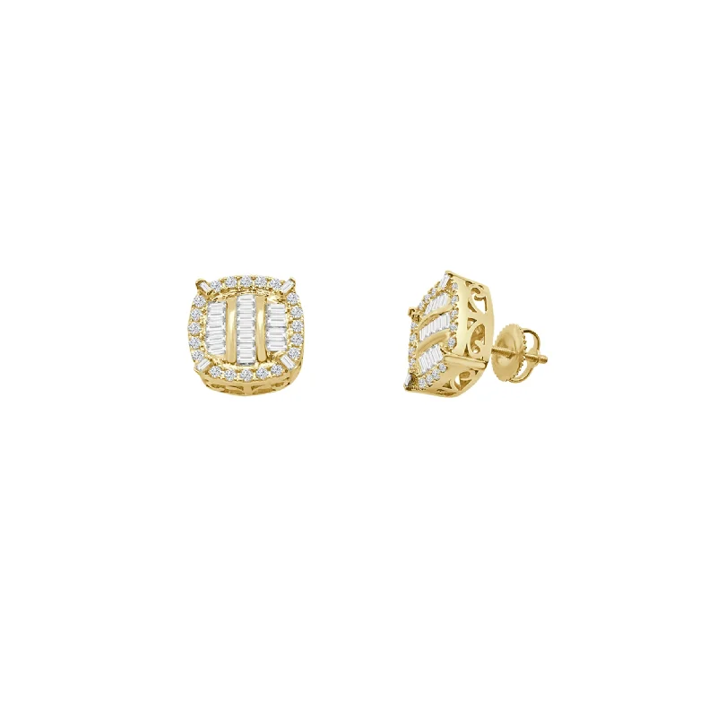 silver dangling earrings for women-Diamond Rounded Square 3 Rows Stud Earrings (14K)