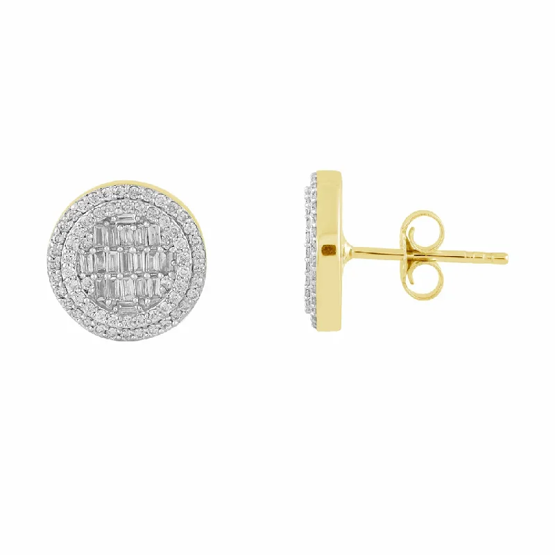 bold earrings for women-Diamond Baguette Round Stud Earrings (14K)