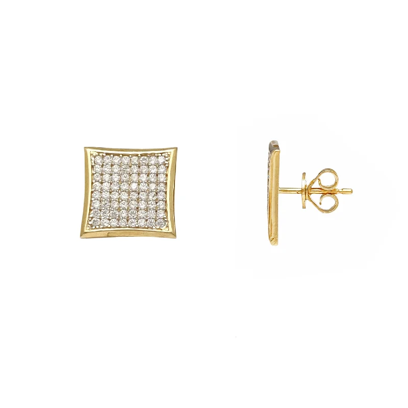 bold earrings for women-Iced-Out Concave Square Stud Earrings (14K)