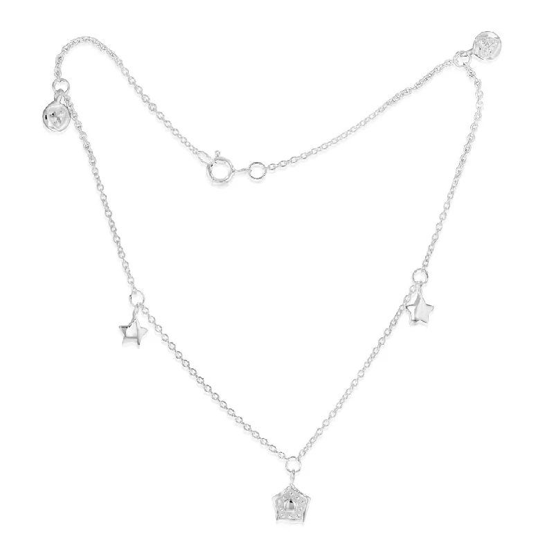 anklets with crystals for women-Sterling Silver Cubic Zirconia Leaf And Star Charm 25.4cm Anklet