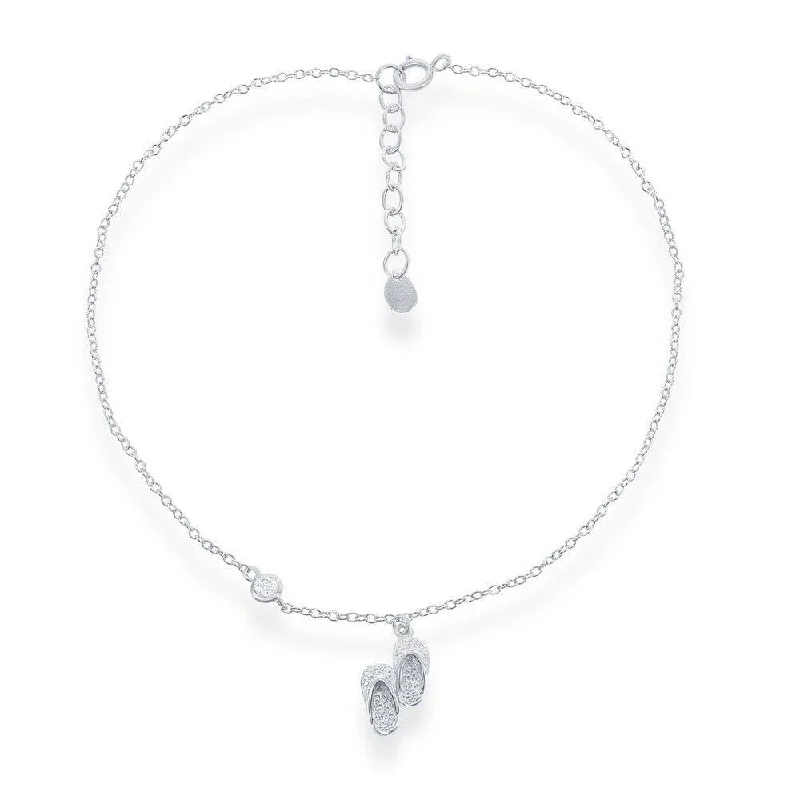 silver-plated anklets for women-Sterling Silver Double Flip Flop with Single CZ Anklet