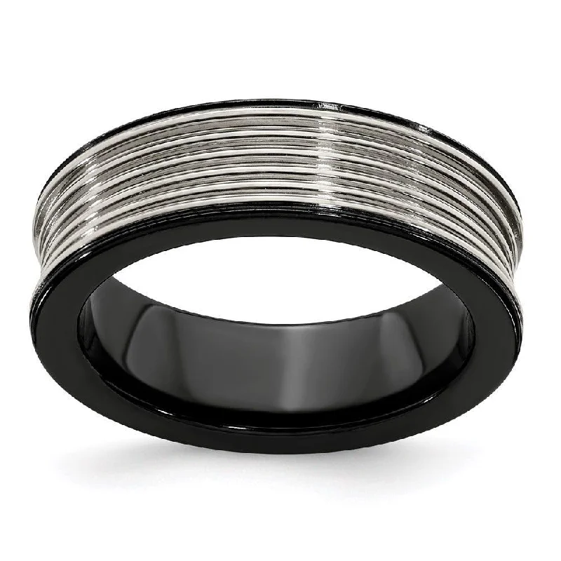 halo ring engagement rings for women-Edward Mirell Black Ti & Titanium Polished Grooved Concave Ring