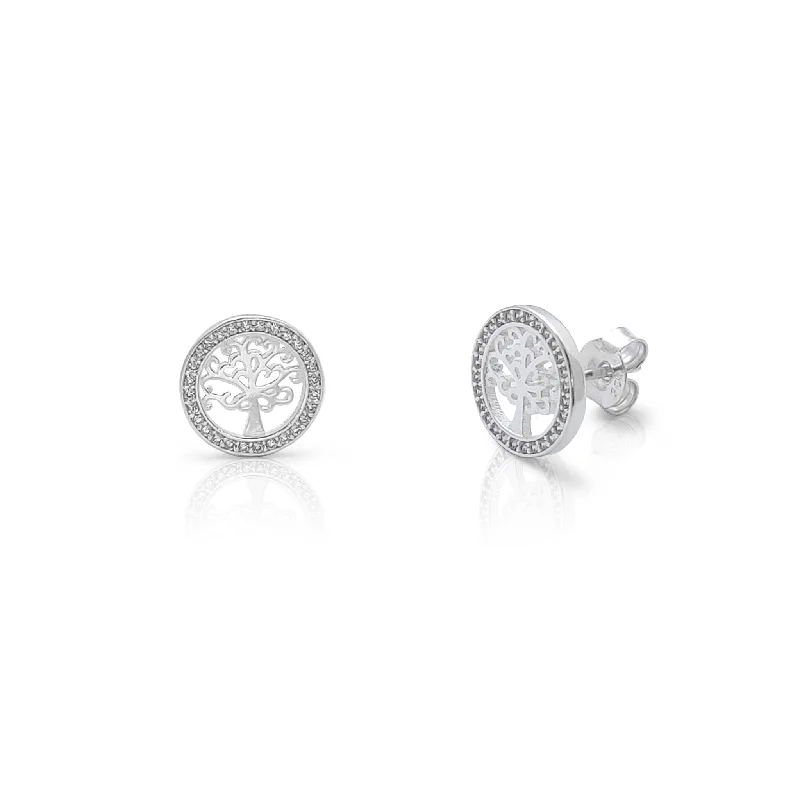 minimalist earrings for women-Halo Tree Of Life Stud Earrings (Silver)