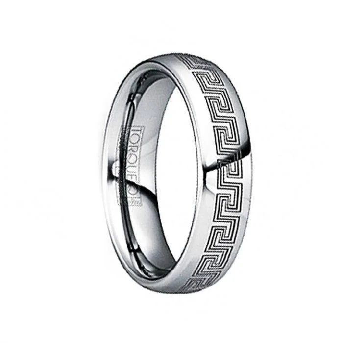 black diamond engagement rings for women-LIVIANUS Black Engraved Greek Key Tungsten Ring with Polished Finish - 6mm