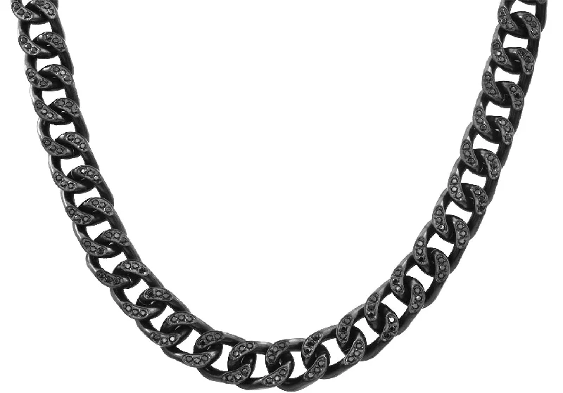 silver chain necklace for women-Mens Black Stainless Steel Curb Link Chain Necklace With Cubic Zirconia