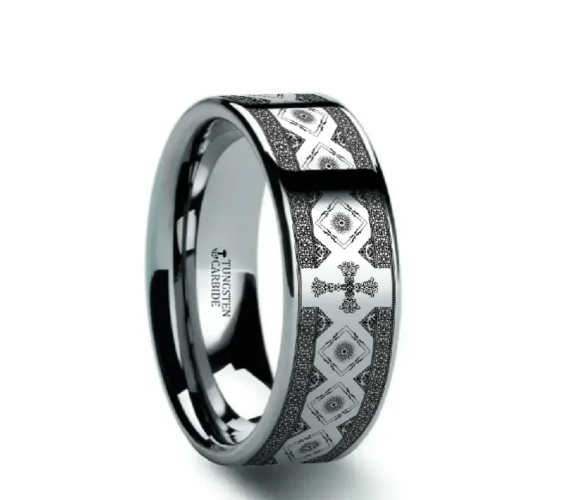 radiant cut engagement rings for women-CATHOLY Classic Flat Tungsten Carbide Ring with Engraved Cross Pattern