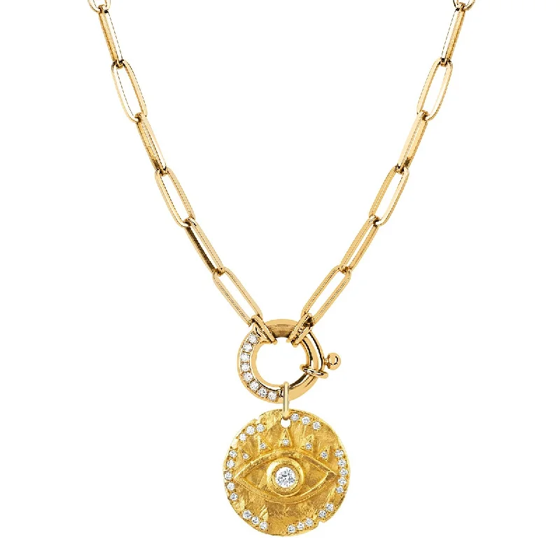 minimalist necklace for women-Alchemy Link Charm Necklace with Pavé Diamonds and 18k Diamond Eye of Protection Coin Charm