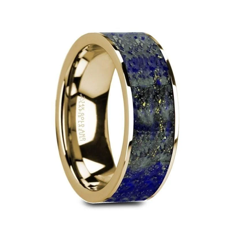 cushion-cut diamond engagement rings for women-GELASIUS Flat 14K Yellow Gold Ring with Blue Lapis Lazuli Inlay and Polished Edges - 8mm