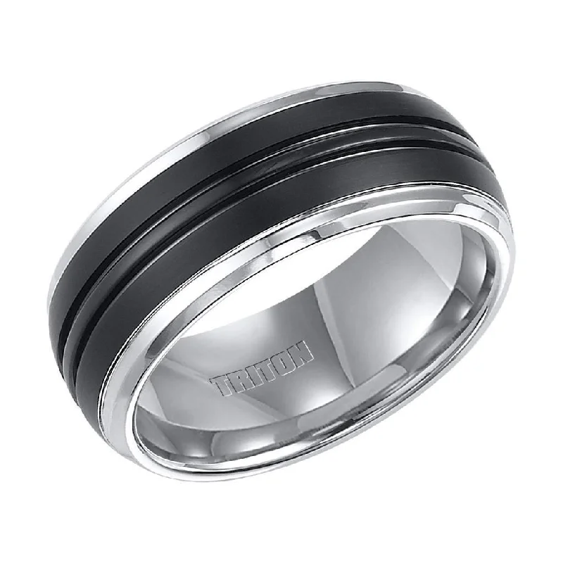 simple engagement rings for women-KENWAY Domed Tungsten Carbide Ring with Dual Grooved Brushed Black Tungsten Center and Beveled Edges by Triton Rings - 9 mm