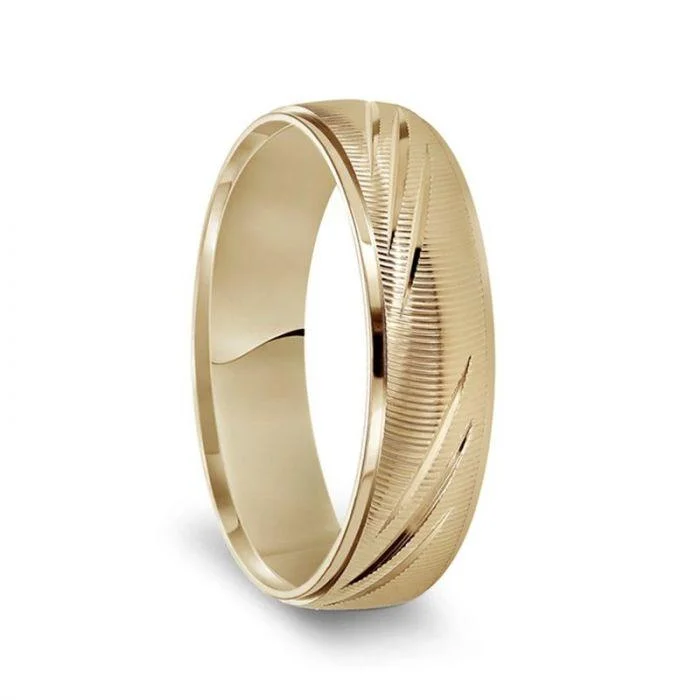 modern engagement rings for women-14k Yellow Gold Grooved Ring with Textured Vertical Line Pattern & Polished Beveled Edges - 6mm