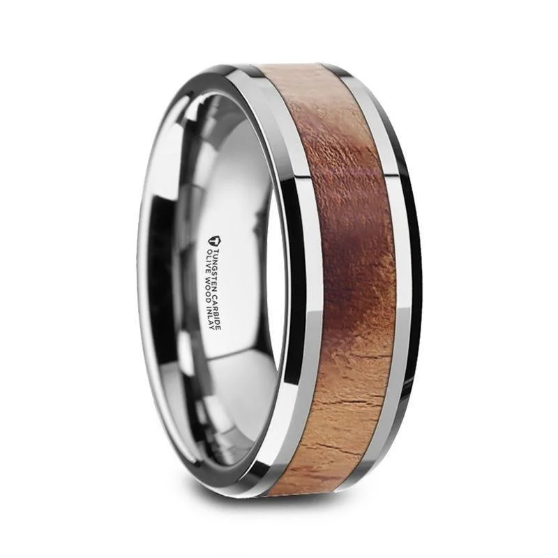 engagement rings with colored stones for women-OLLIVANDER Olive Wood Inlaid Tungsten Carbide Ring with Bevels - 6mm & 8mm