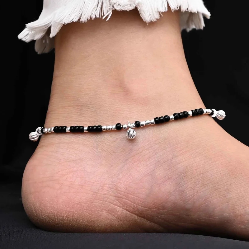 gold-plated anklets for women-Sterling Silver and Black Beads with Silver Balls Anklet for Girls