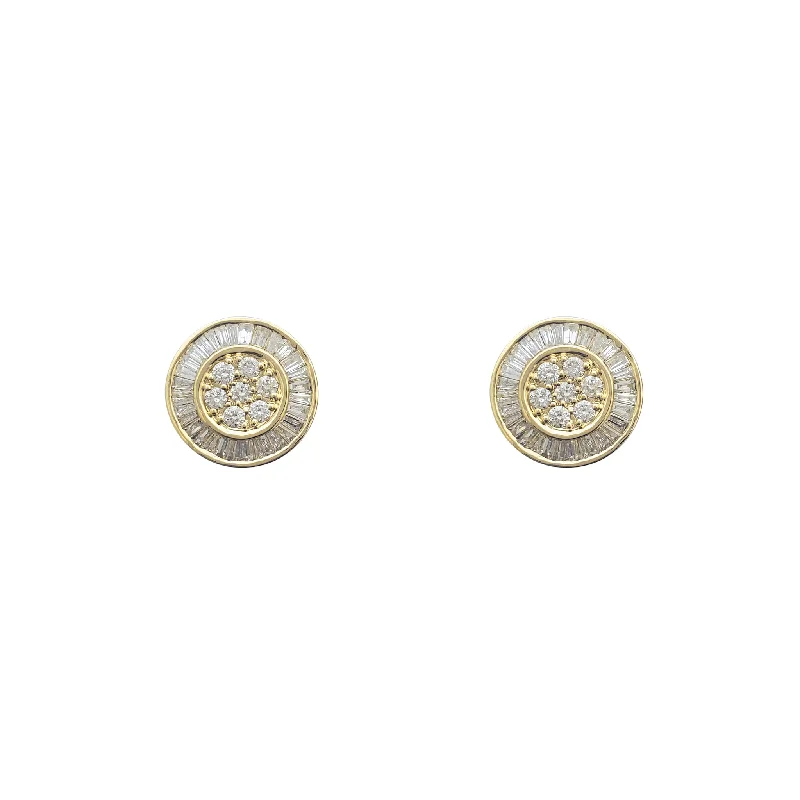 opal earrings for women-Diamond Bezel Round & Baguettes Stud Earrings (14K)