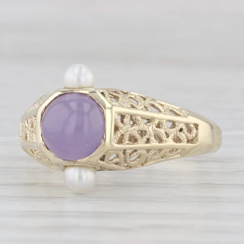 brilliant cut diamond engagement rings for women-Amethyst Cabochon Cultured Pearls Ring 14k Yellow Gold Filigree Size 9