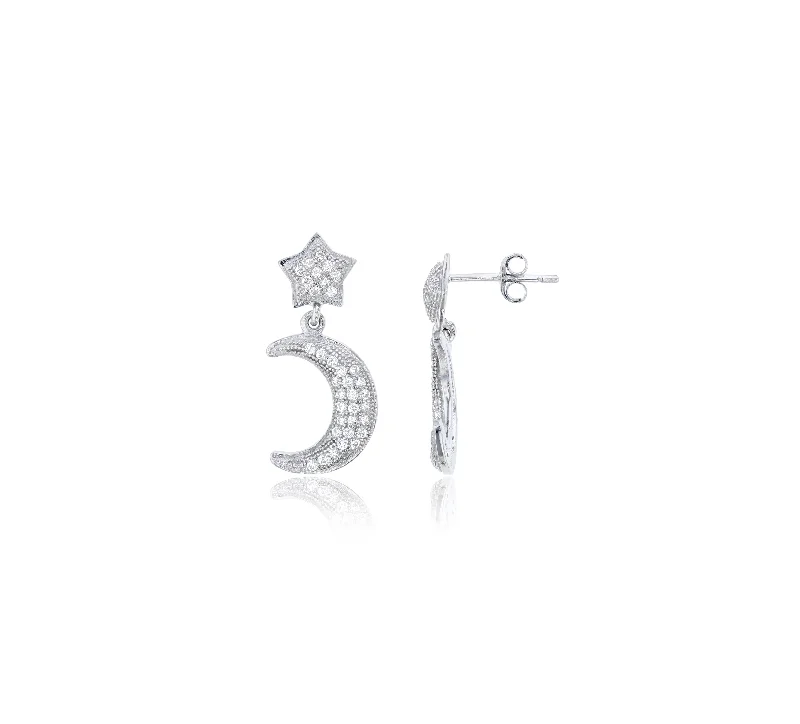 gold earrings for women-Dangling Star & Moon Micropave Dangling Earrings (Silver)