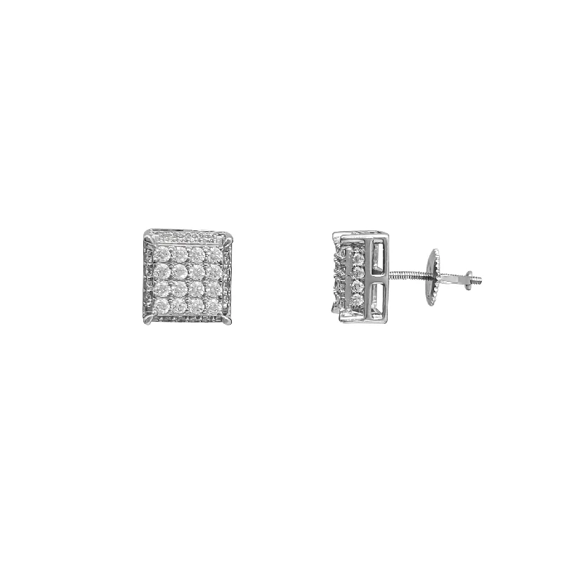 minimalist earrings for women-Iced-Out Prong Square Stud Earrings (Silver)