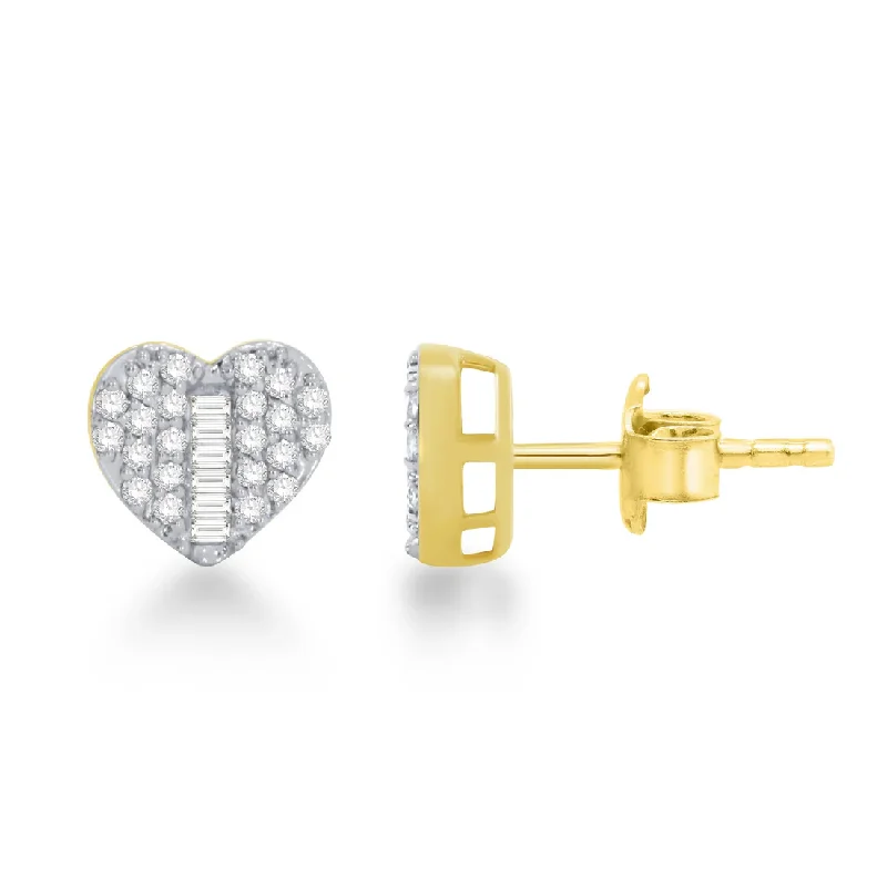 floral stud earrings for women-Diamond Baguette Heart Stud Earrings (14K)