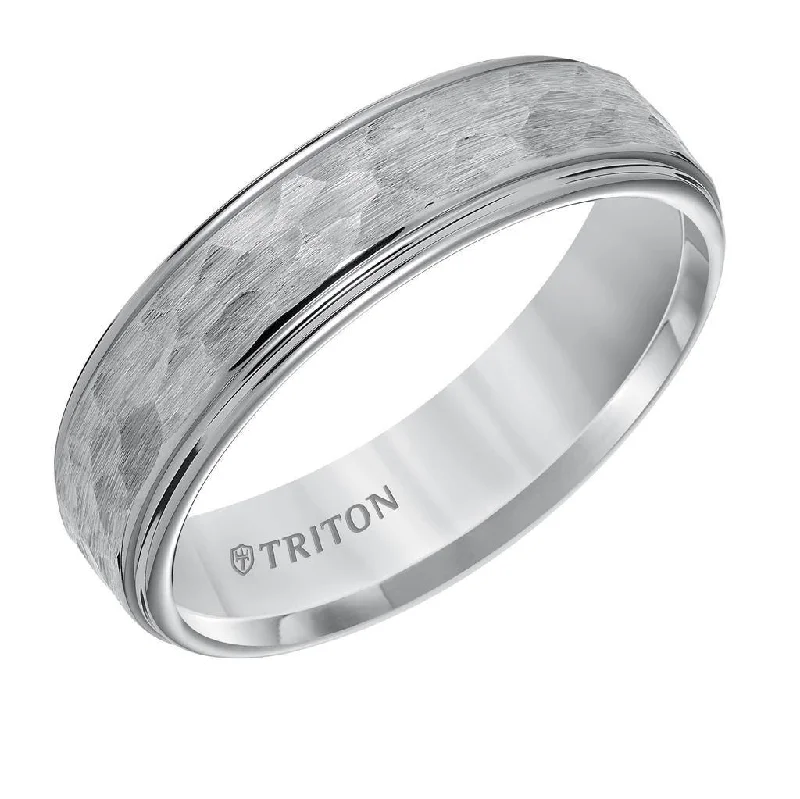 lab-created diamond engagement rings for women-BARZILAI Tungsten Carbide Step Edge Comfort Fit Band with Satin Hammer Texture by Triton Rings - 6mm