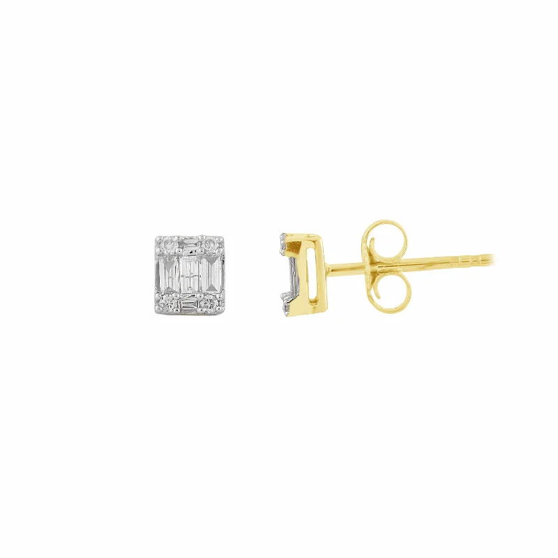 infinity earrings for women-Diamond Baguette Square Stud Earrings (14K)