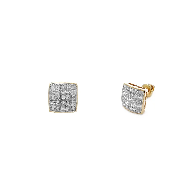 silver earrings for women-Diamond Pave Square Concave Stud Earrings (14K)