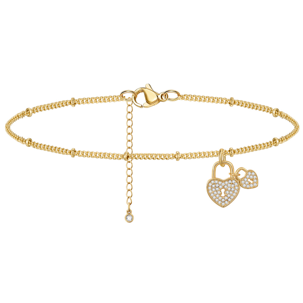 anklets for fashionistas for women-Dainty 14k Gold Plated Adjustable Anklets- Heart Lock