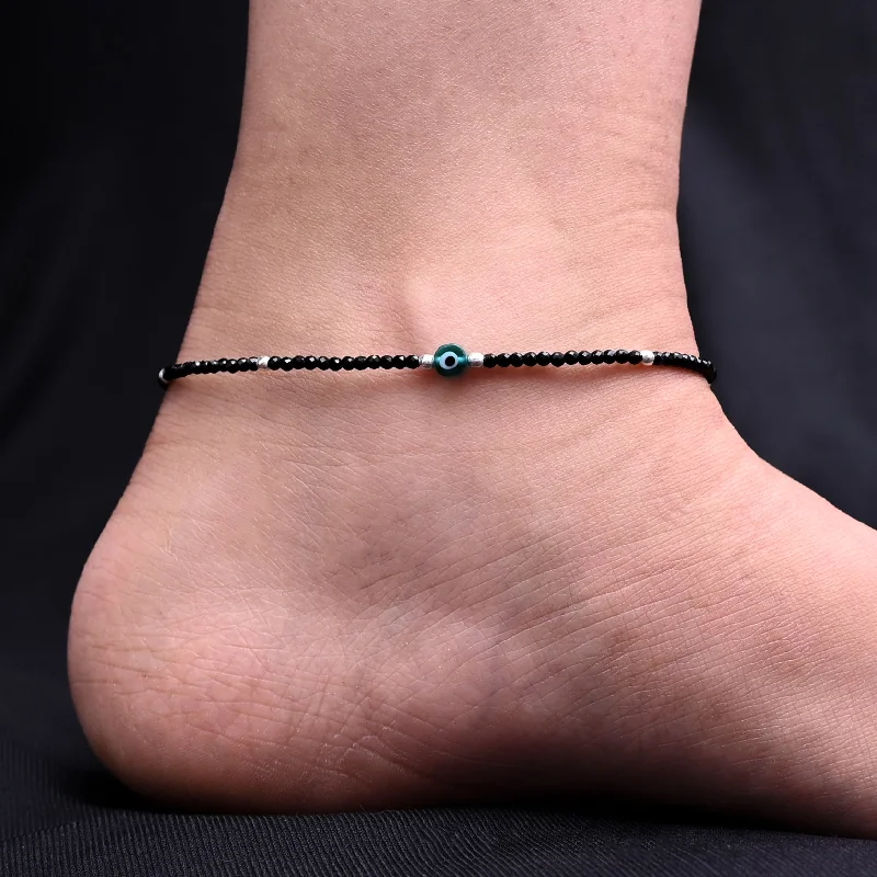 sterling silver anklets for women-Silver Protective Evil Eyes With Black Beads Anklet