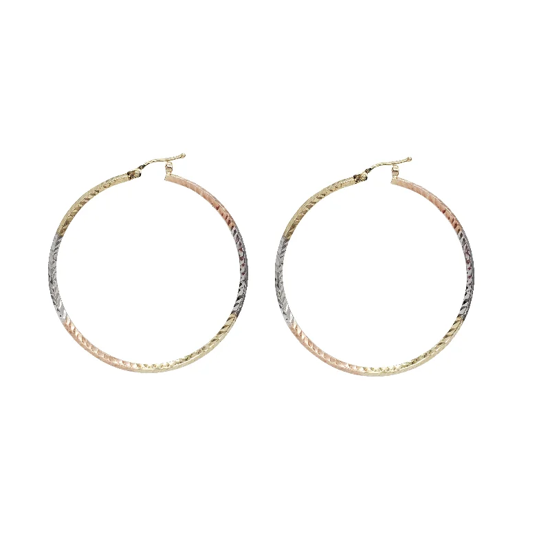 vintage earrings for women-Tri-color Diamond Cut Hoop Earrings (14K)