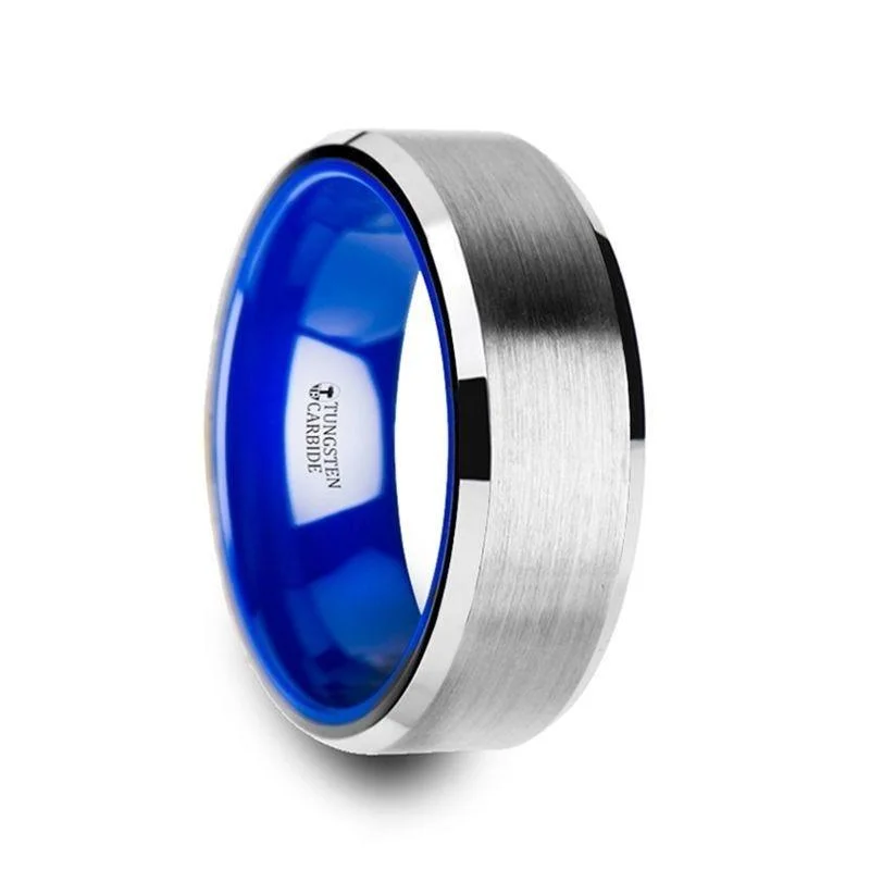 platinum engagement rings for women-SIRIUS Flat Beveled-Edged Tungsten Ring with Brushed Center and Vibrant Blue Ceramic Inside - 8mm