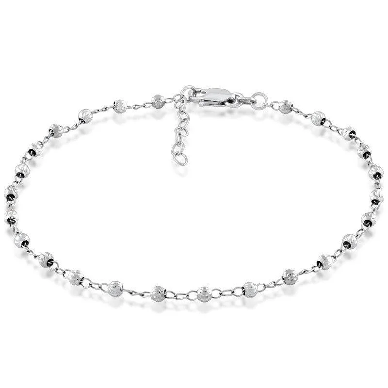 gold anklets for women-Sterling Silver Diamond Cut Bead Anklet