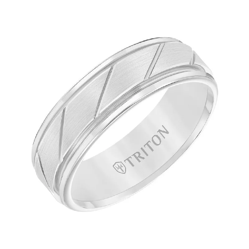 platinum engagement rings for women-ADLER White Tungsten Ring with Brushed Diagonally Grooved Center by Triton Rings - 7mm