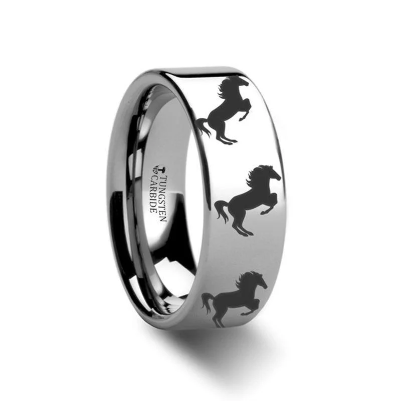 wedding and engagement rings for women-Animal Horse Hind Legs Print Engraved Flat Tungsten Ring - 4mm - 12mm