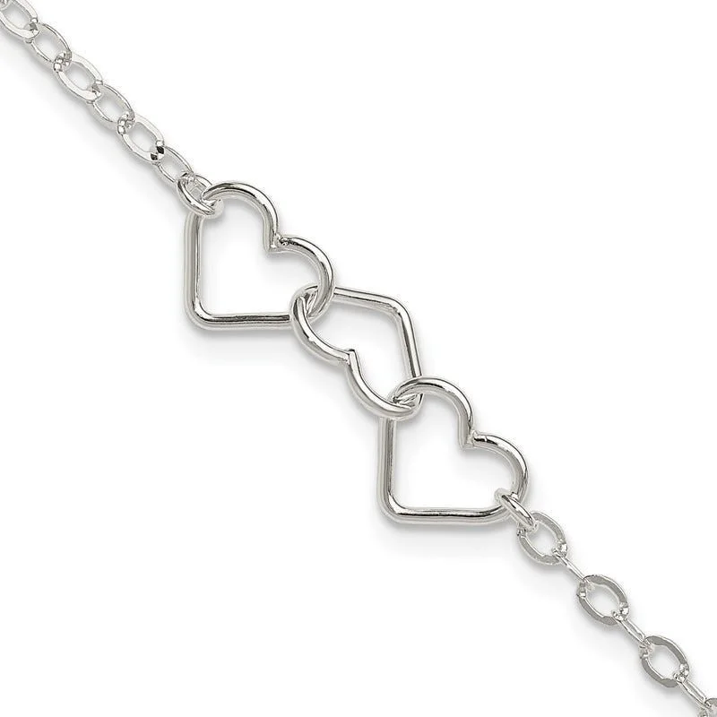 gold ankle bracelets for women-Sterling Silver 10inch Solid Polished Fancy Heart Link Anklet