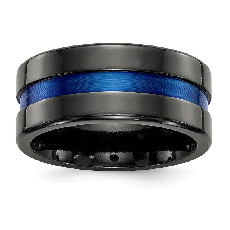 affordable solitaire engagement rings for women-Edward Mirell Black Ti Blue Anodized Wide Center 10mm Band