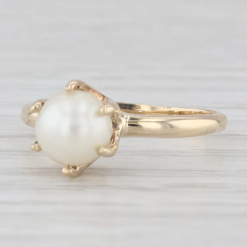 rose gold engagement rings with diamonds for women-Vintage Cultured Pearl Solitaire Ring 10k Yellow Gold Size 6.25