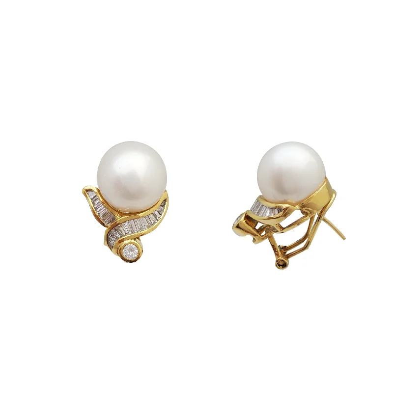 vintage hoop earrings for women-Baguette Diamond With South Sea Pearl Earrings (18K)