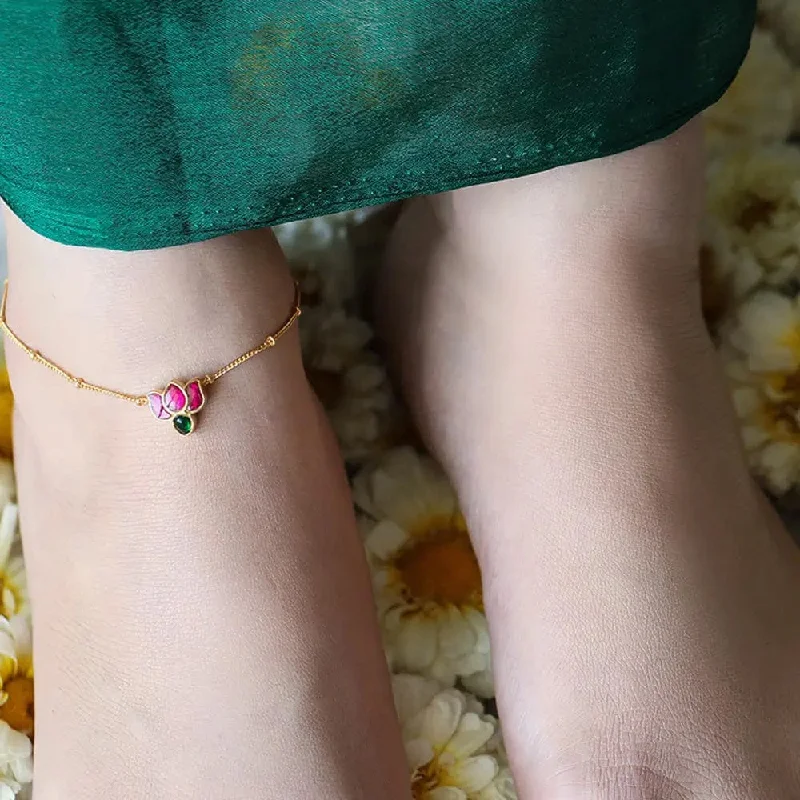 delicate anklets for women-Single Silver Kundan Lotus Anklet