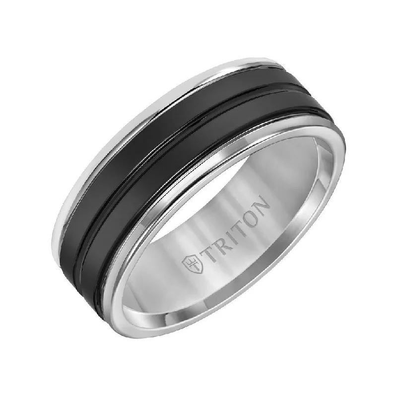 square diamond engagement rings for women-GODDARD Polished Finish Tungsten Carbide Comfort Fit Ring with Polished Grooved Black Ceramic Center by Triton Rings - 8 mm