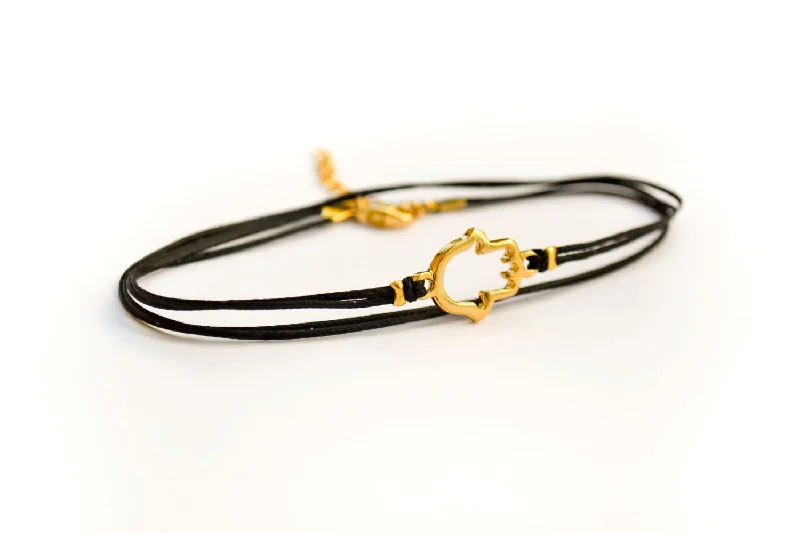 leather anklets for women-Dainty wrap cord anklet with a gold Hamsa charm