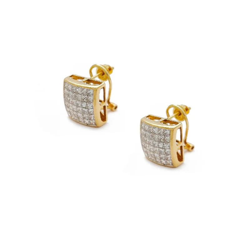 boho earrings for women-Diamonds Square Concave Stud Earrings (14K)