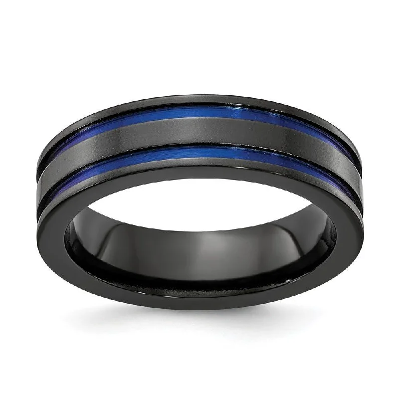 elegant diamond engagement rings for women-Edward Mirell Titanium Black Ti Grooved Blue Anodized 6mm Band