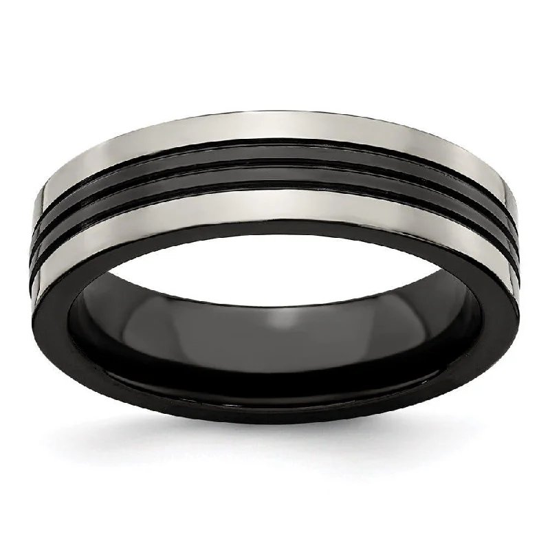 luxury engagement rings for women-Edward Mirell Grey Titanium/Black Ti Center Grooved 6mm Flat Band