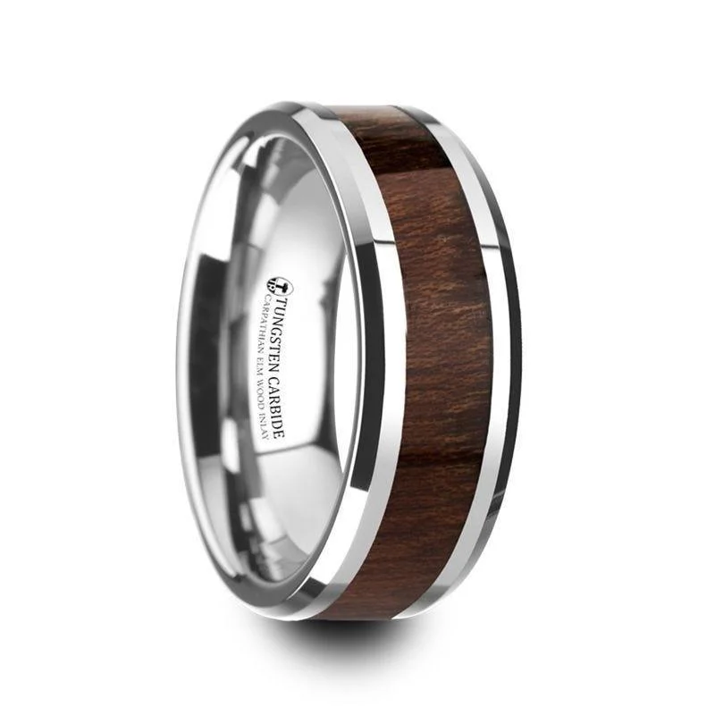 platinum solitaire engagement rings for women-DACIAN Carpathian Wood Inlaid Tungsten Carbide Ring with Bevels - 6mm & 8mm