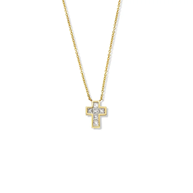 short necklace for women-Princess Cut Diamond Cross Necklace