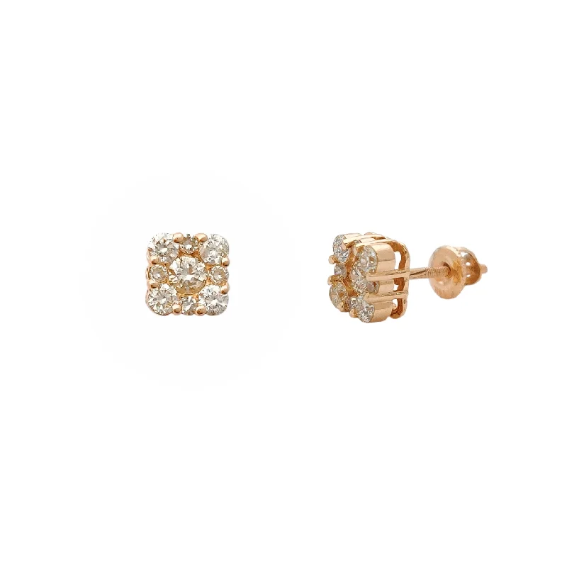 long earrings for women-Diamond Round Square Cluster Stud Earrings (14K)