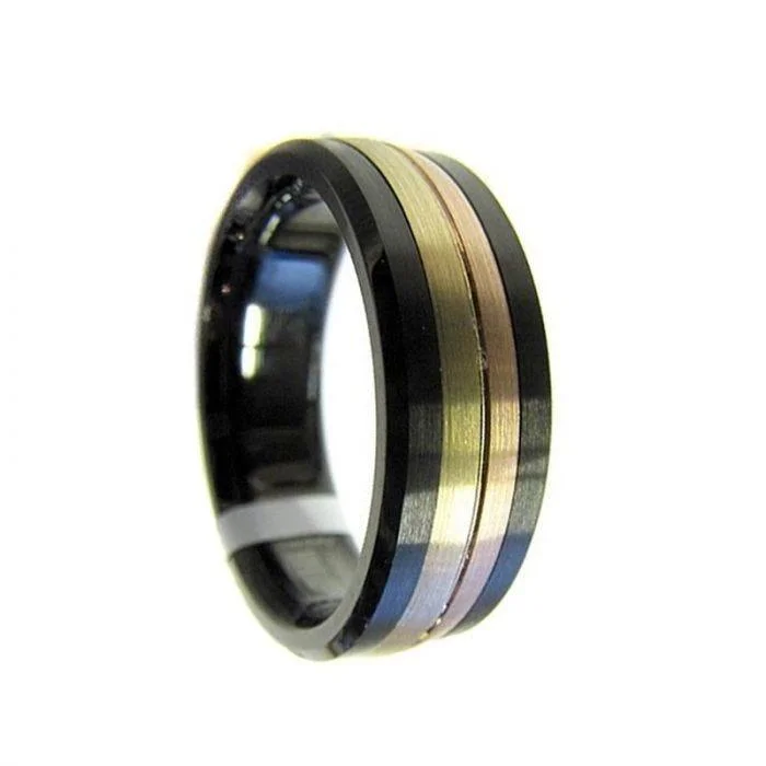 solitaire engagement rings with a twist for women-Black Cobalt Ring with Brushed 14k Yellow-Rose Gold Grooved Center - 7.5mm